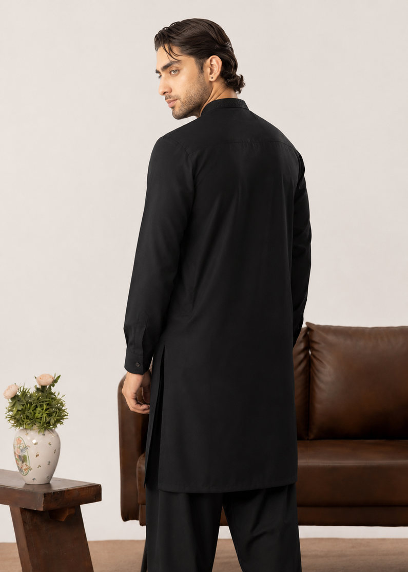 Formal Black Kurta Shalwar - Collar Neck Embroidered - Men