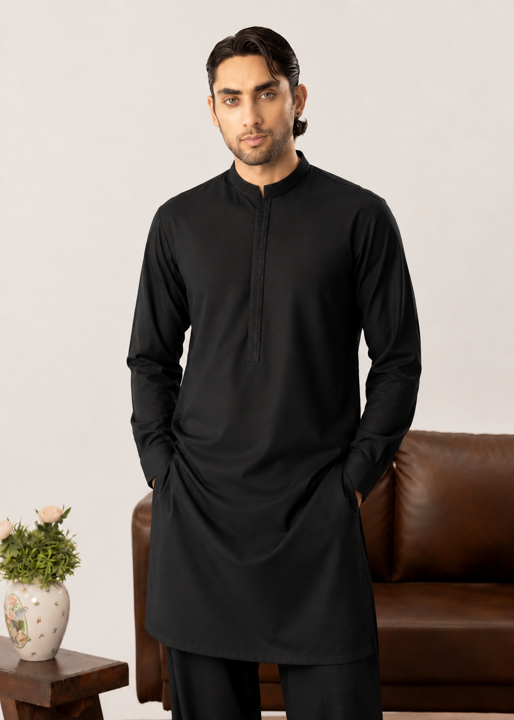 Formal Black Kurta Shalwar - Collar Neck Embroidered - Men