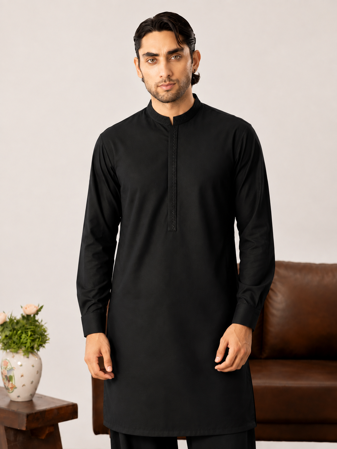 Formal Black Kurta Shalwar - Collar Neck Embroidered - Men