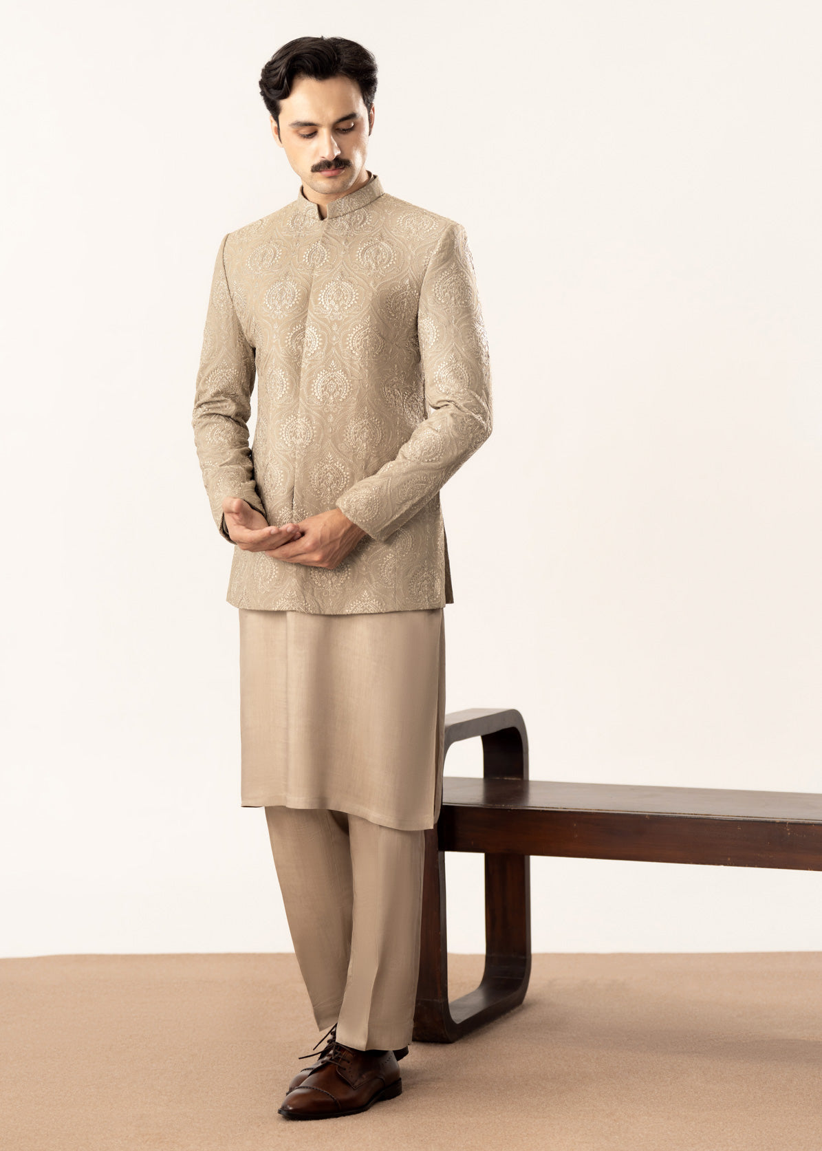 Beige Kurta Trouser with Embroidered Prince Coat - 3PC