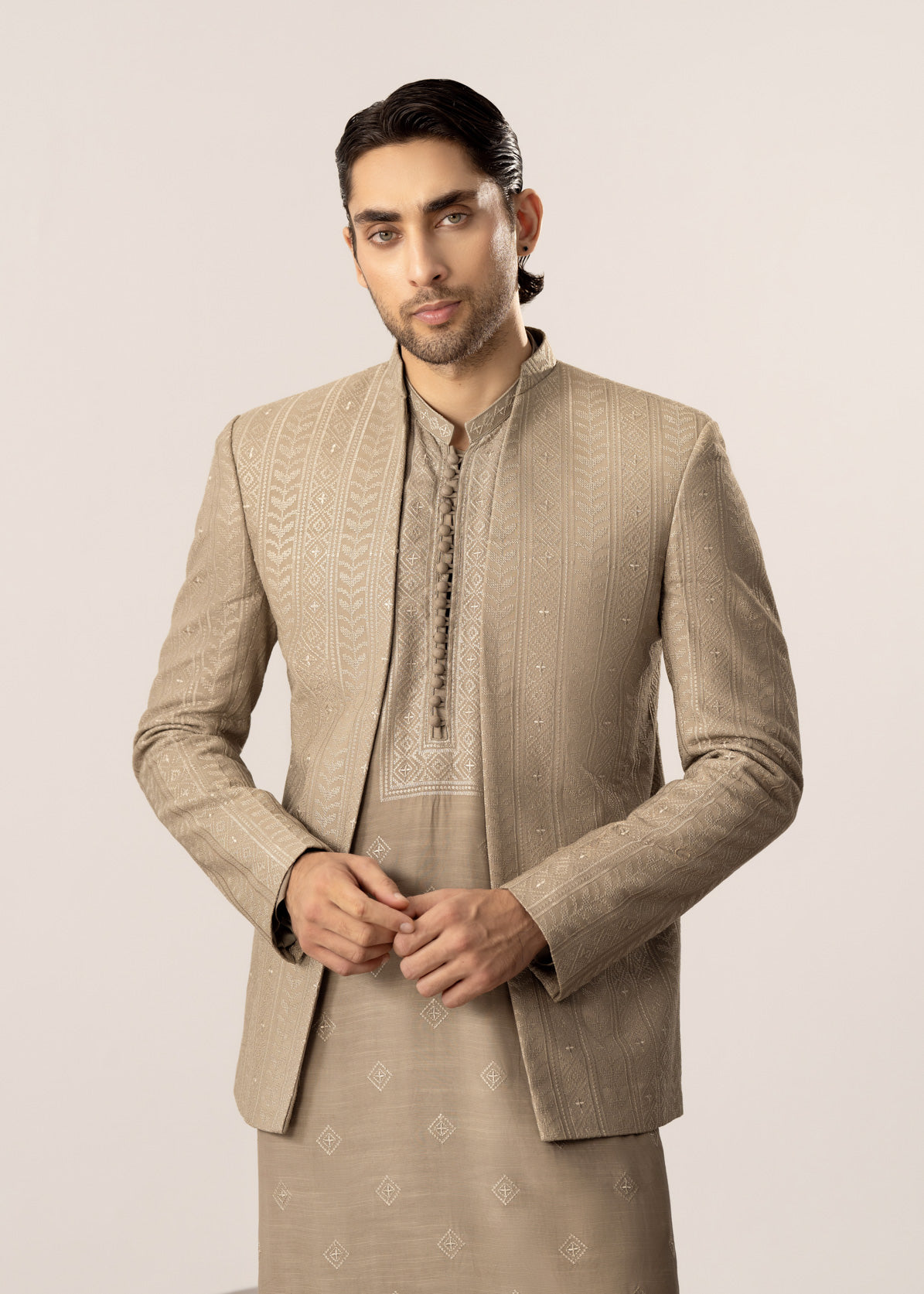 Beige Kurta Trouser with Embroidered Open Prince Coat - 3PC