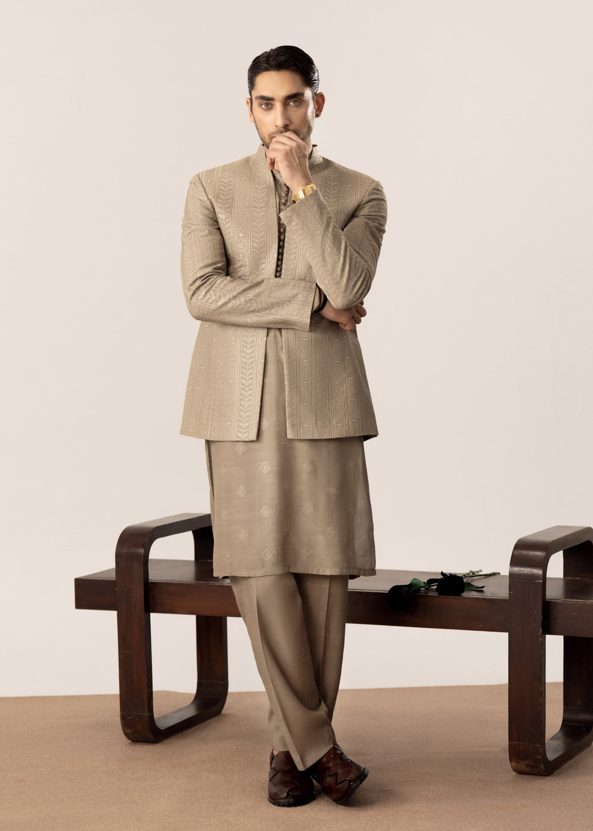 Beige Kurta Trouser with Embroidered Open Prince Coat - 3PC