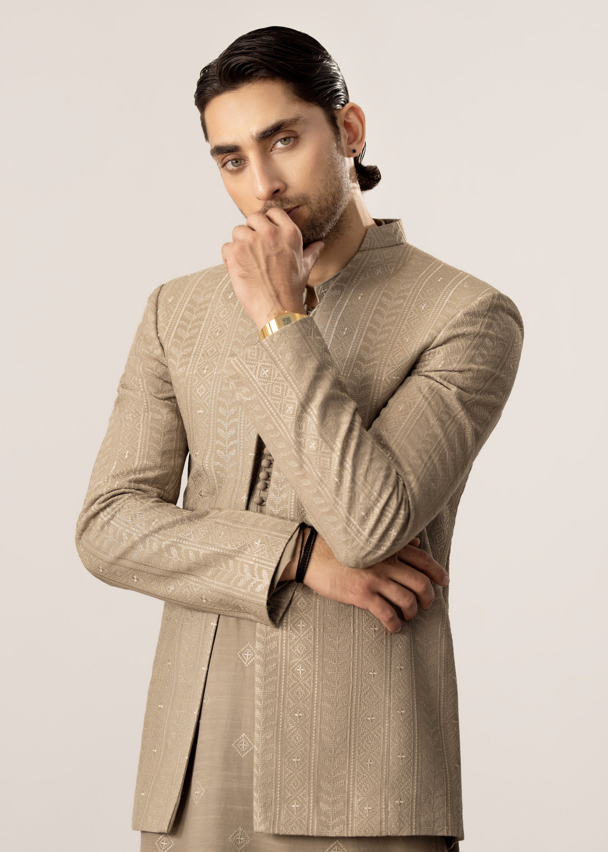 Beige Kurta Trouser with Embroidered Open Prince Coat - 3PC