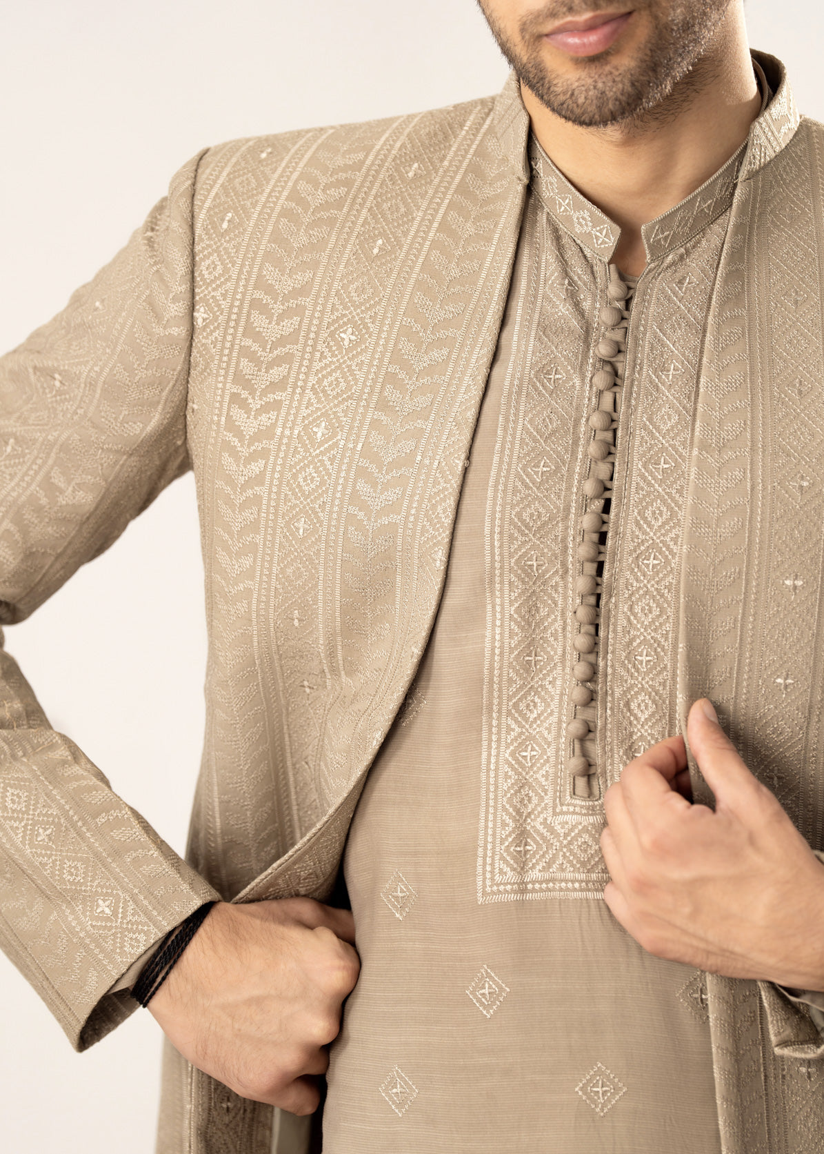 Beige Kurta Trouser with Embroidered Open Prince Coat - 3PC