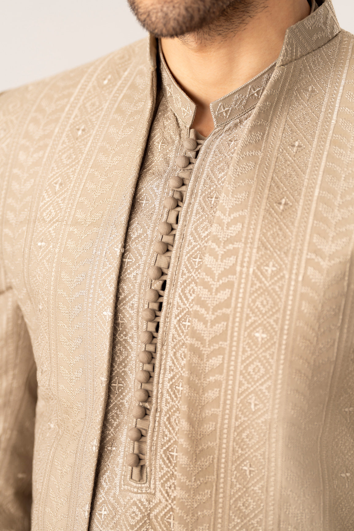 Beige Kurta Trouser with Embroidered Open Prince Coat - 3PC