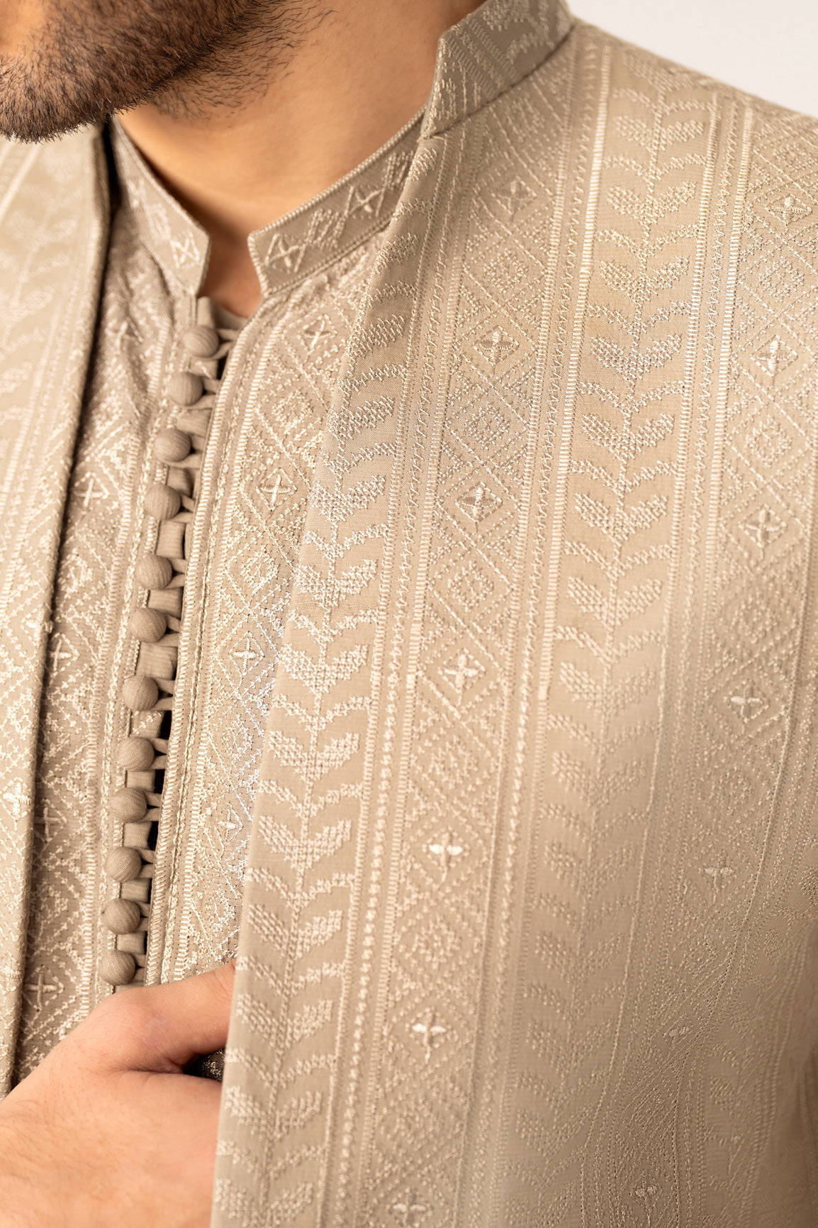 Beige Kurta Trouser with Embroidered Open Prince Coat - 3PC