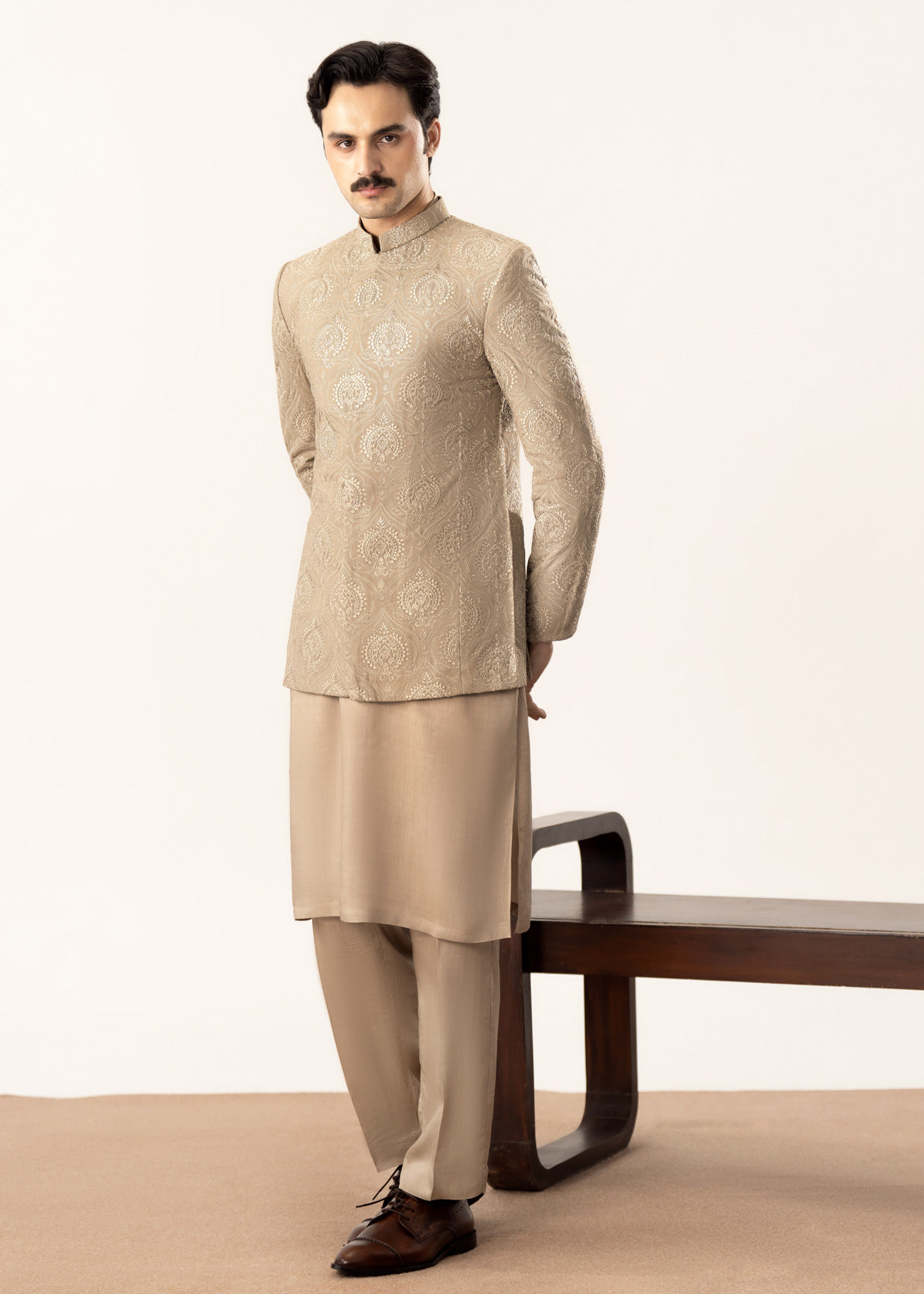 Beige Kurta Trouser with Embroidered Prince Coat - 3PC