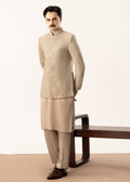 Beige Kurta Trouser with Embroidered Prince Coat - 3PC