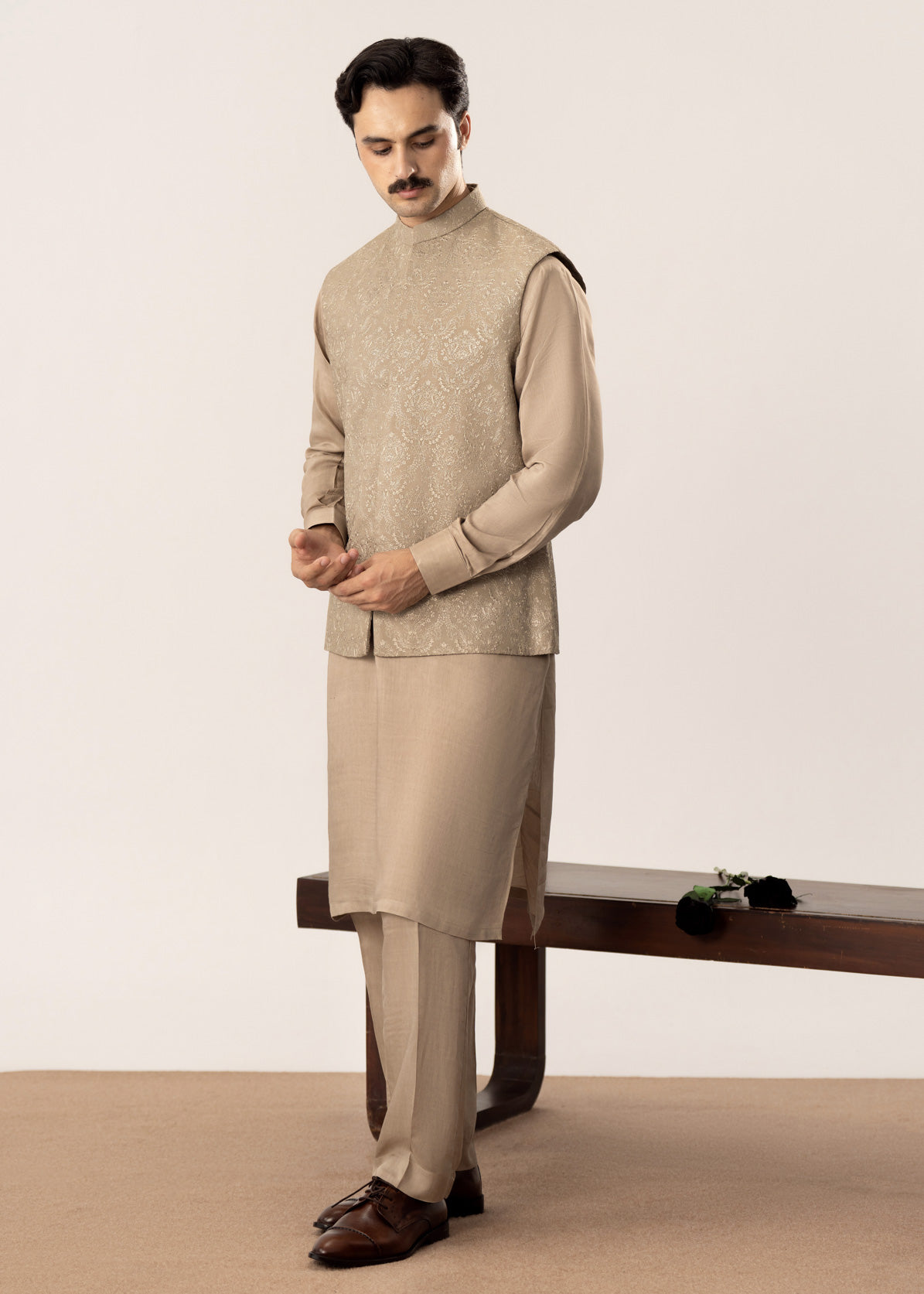 Beige Kurta Trouser with Embroidered Waistcoat - 3PC
