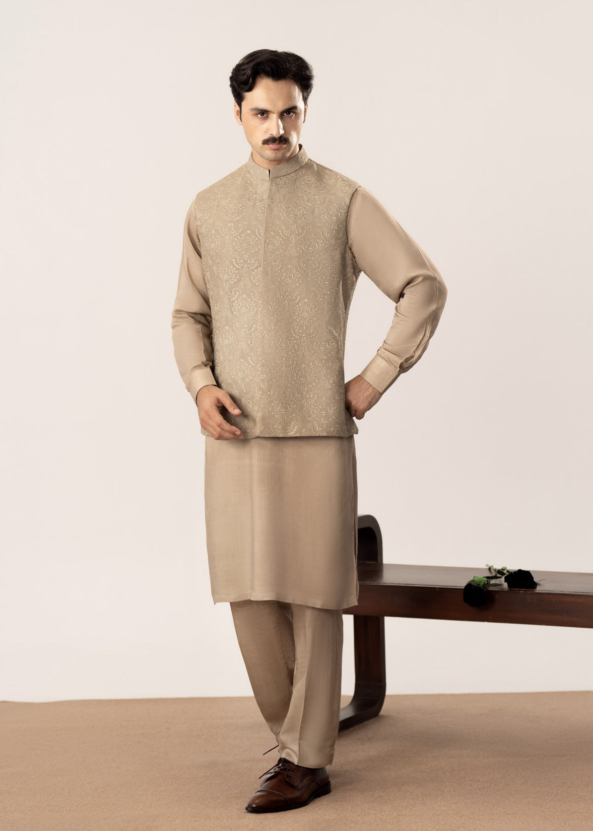 Beige Kurta Trouser with Embroidered Waistcoat - 3PC