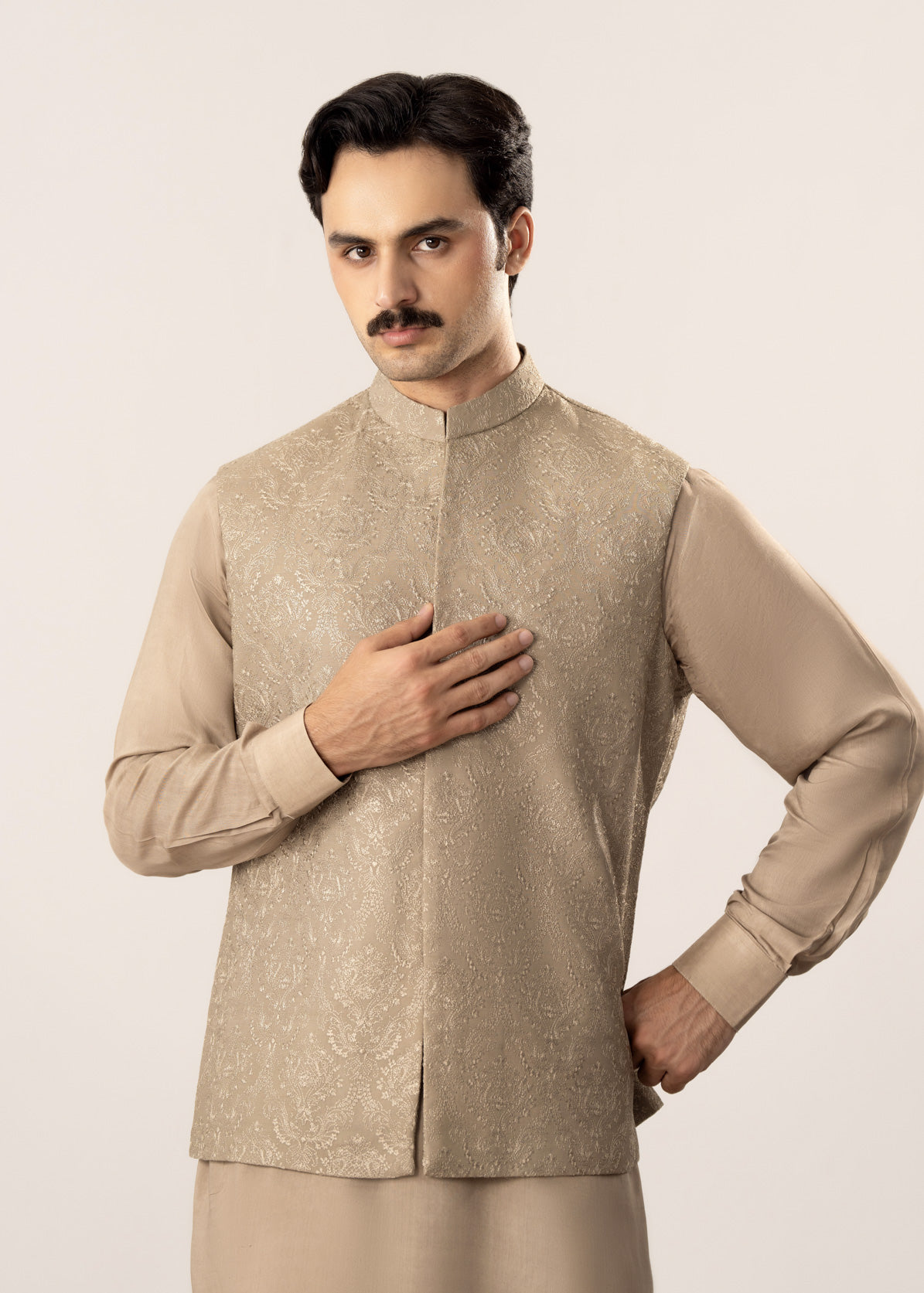 Beige Kurta Trouser with Embroidered Waistcoat - 3PC
