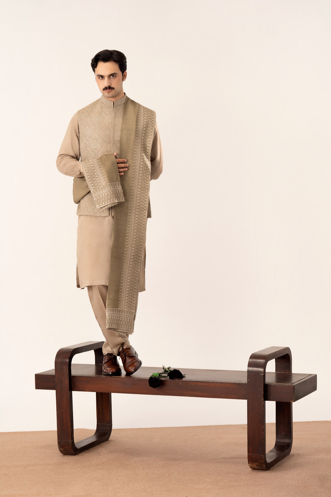 Beige Kurta Trouser with Embroidered Waistcoat - 3PC
