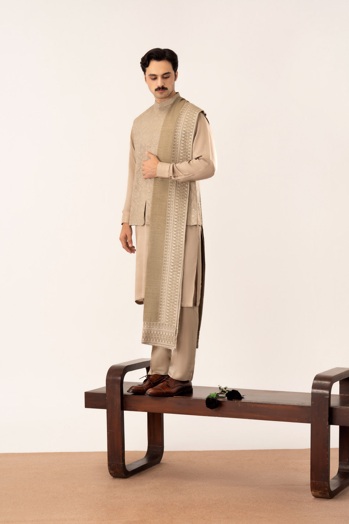 Beige Kurta Trouser with Embroidered Waistcoat - 3PC