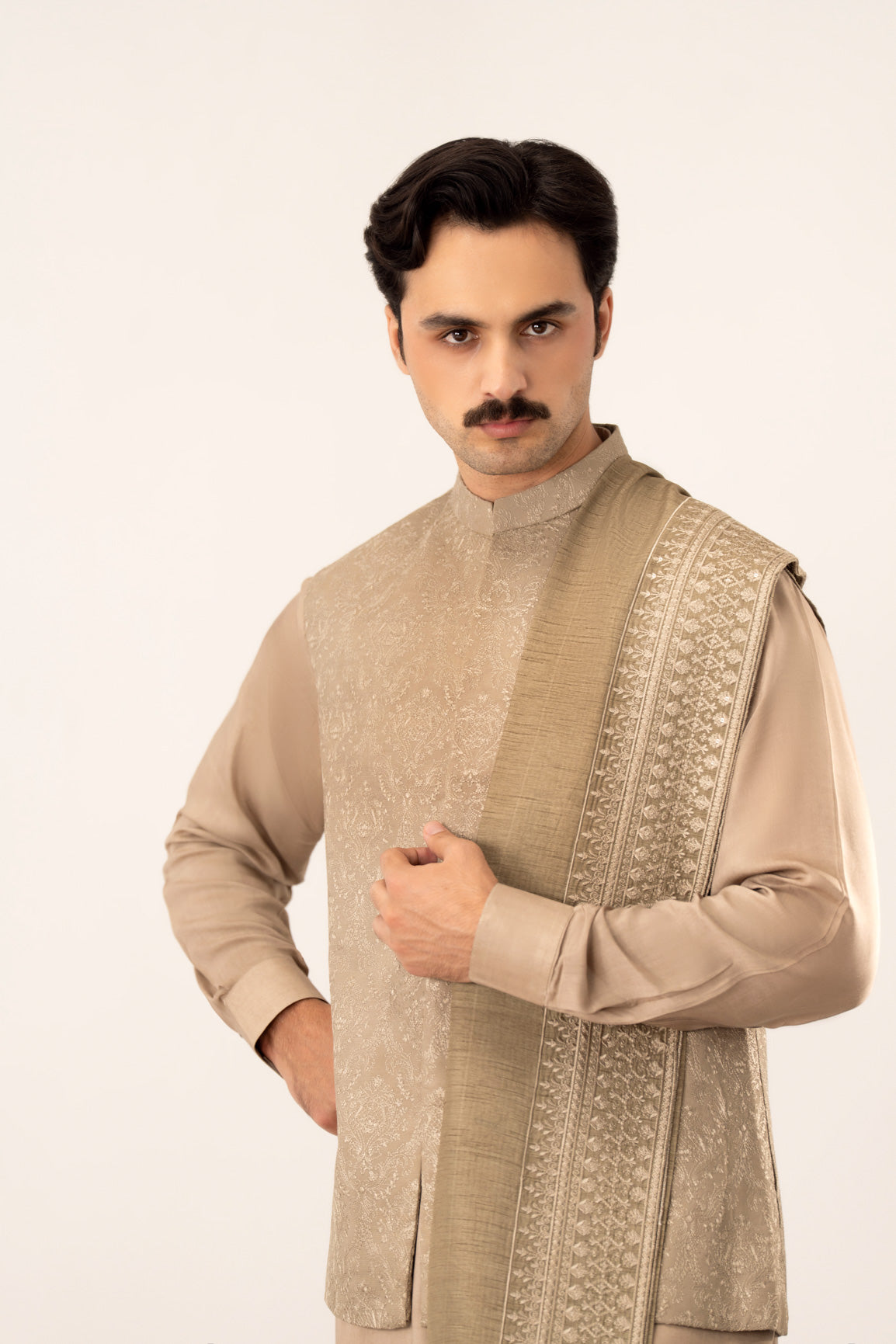 Beige Kurta Trouser with Embroidered Waistcoat - 3PC