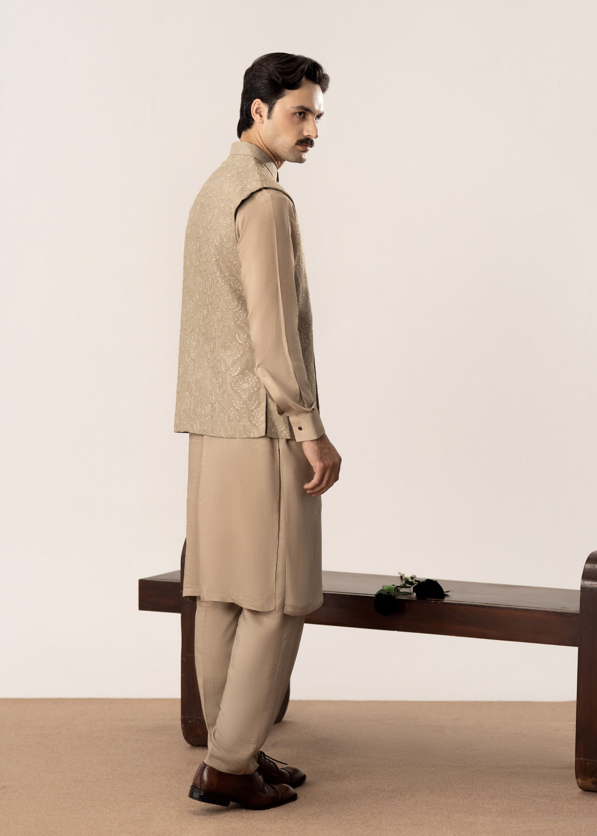 Beige Kurta Trouser with Embroidered Waistcoat - 3PC