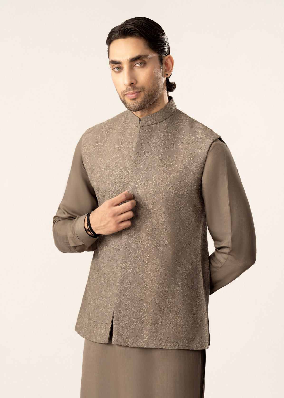 Taupe Kurta Trouser with Embroidered Waistcoat  - 3PC