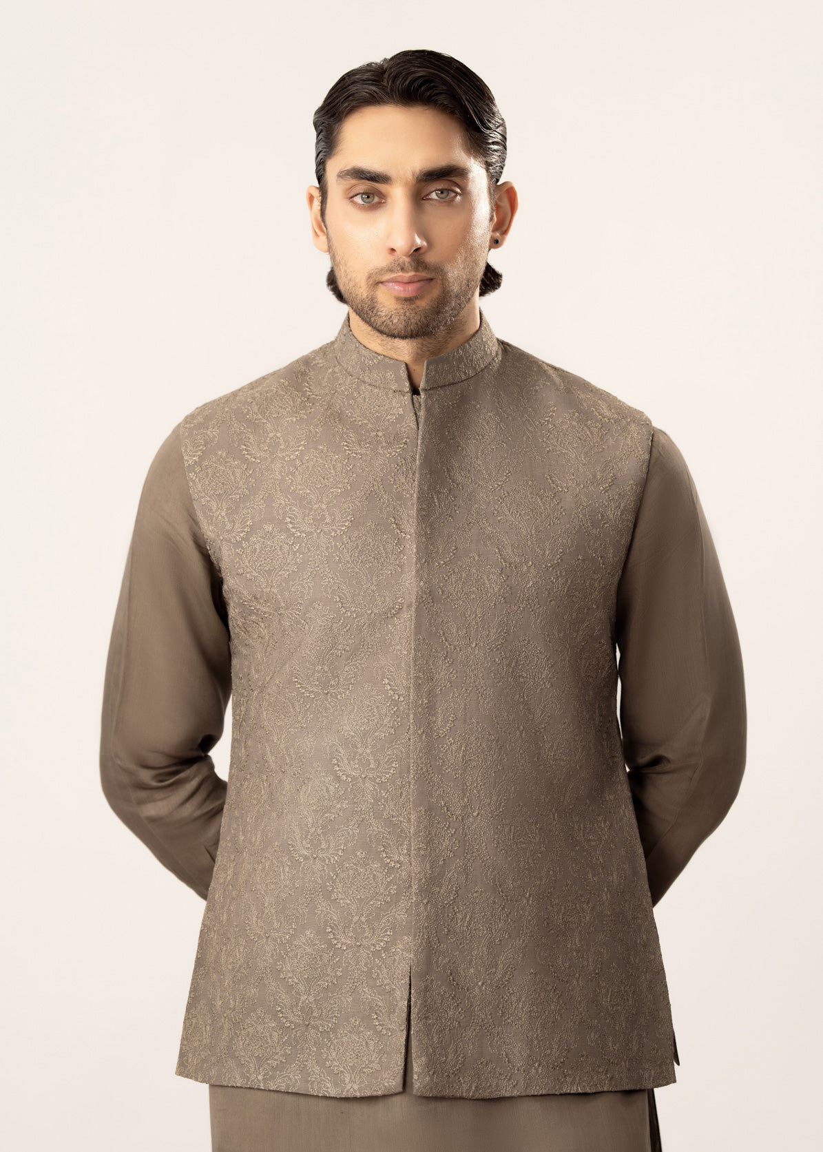 Taupe Kurta Trouser with Embroidered Waistcoat  - 3PC