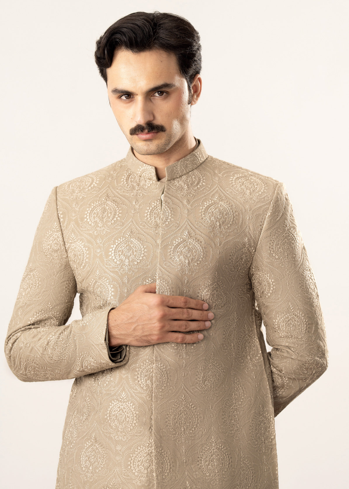 Beige Kurta Trouser with Embroidered Prince Coat - 3PC