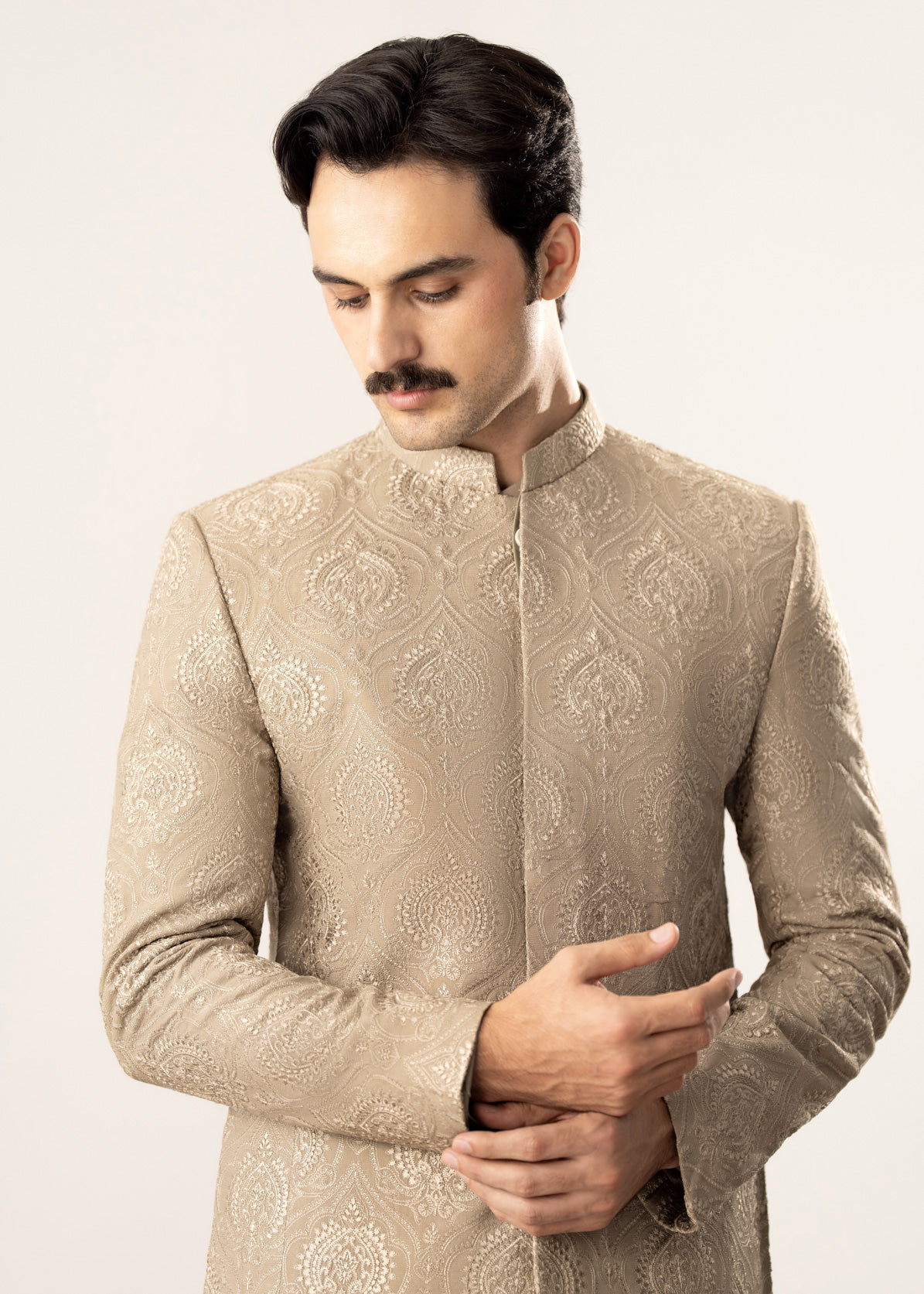Beige Kurta Trouser with Embroidered Prince Coat - 3PC