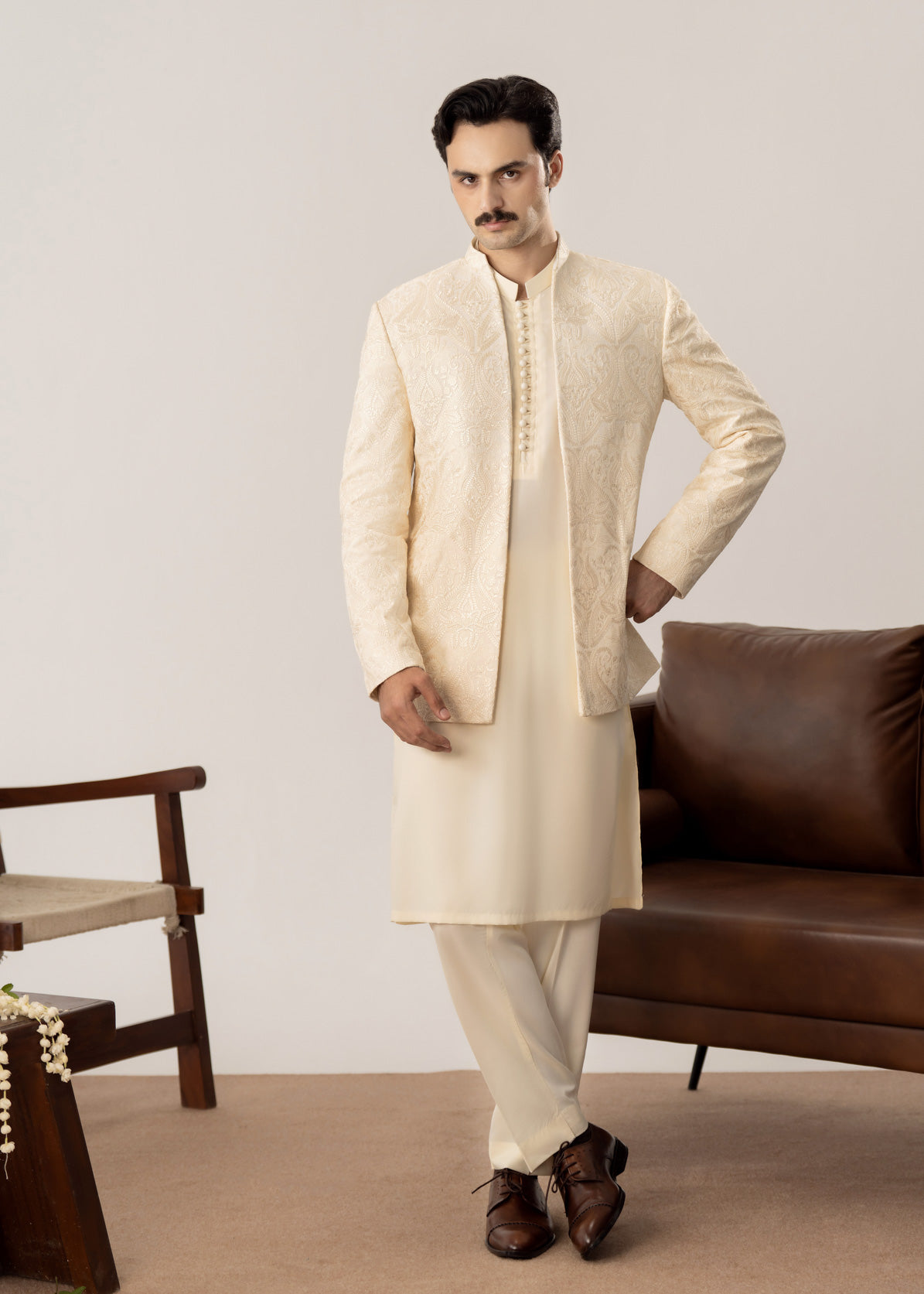 Bosky Kurta Trouser with Embroidered Open Prince Coat - 3PC - Men