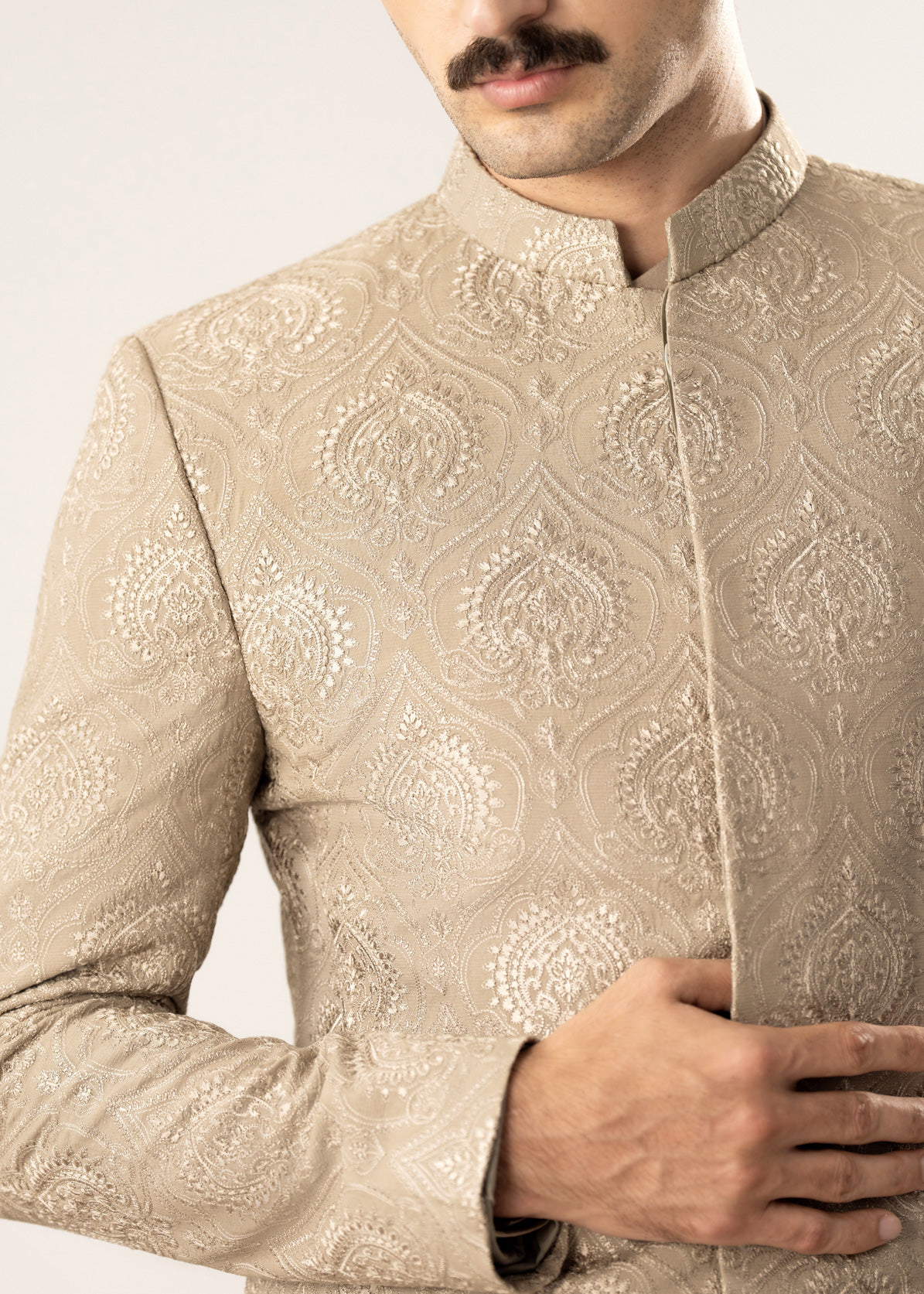 Beige Kurta Trouser with Embroidered Prince Coat - 3PC