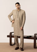 Beige Kurta Trouser with Embroidered Open Prince Coat - 3PC
