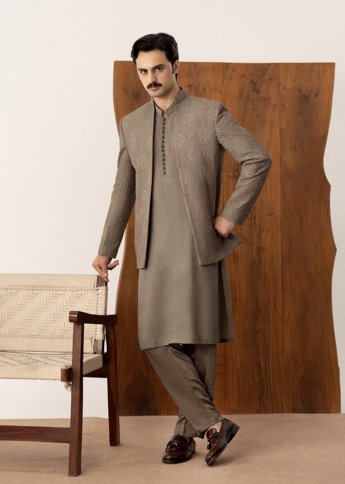 Taupe Kurta Trouser with Embroidered Open Prince Coat - 3PC