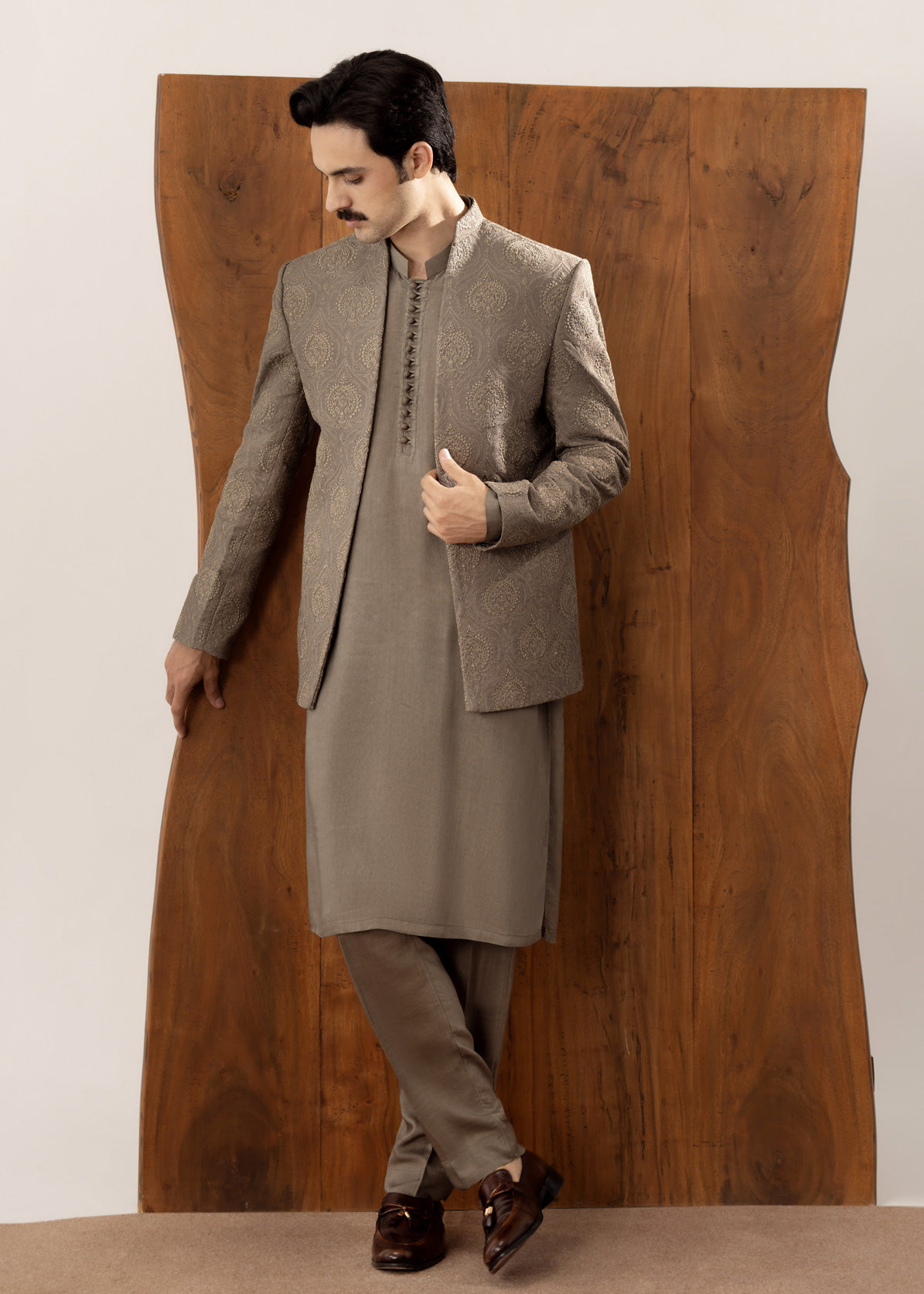 Taupe Kurta Trouser with Embroidered Open Prince Coat - 3PC - Men