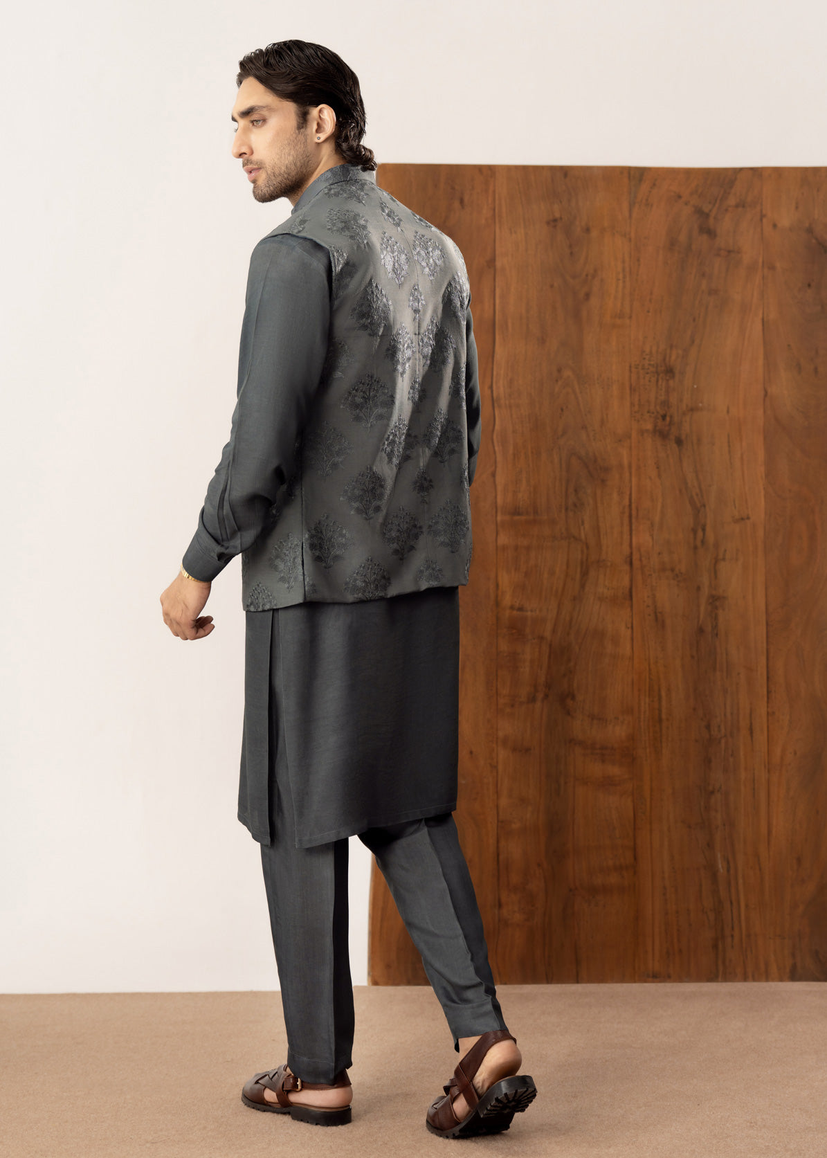 Army Green Kurta Trouser with Open Embroidered Waistcoat  - 3PC - Men