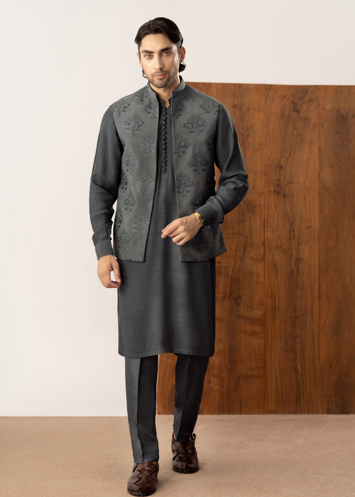 Army Green Kurta Trouser with Open Embroidered Waistcoat  - 3PC - Men