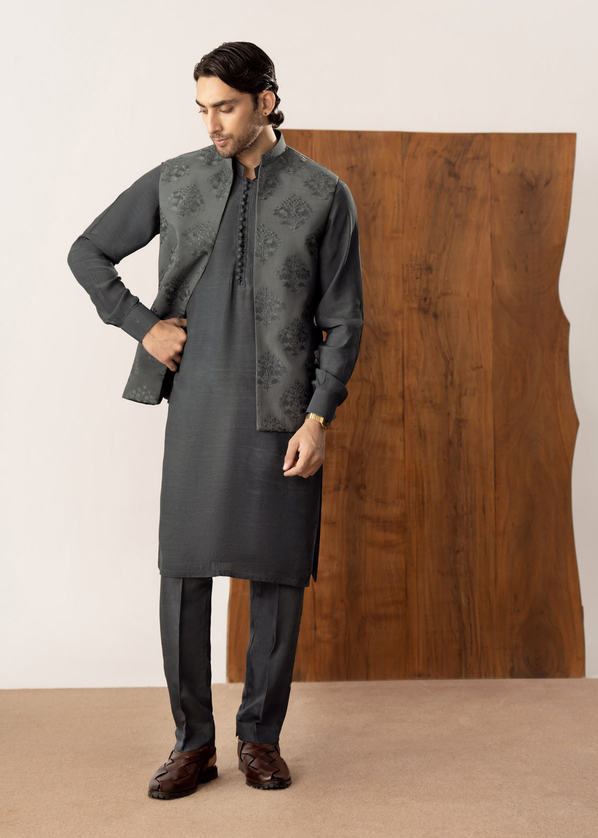 Army Green Kurta Trouser with Open Embroidered Waistcoat  - 3PC - Men