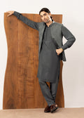 Army Green Kurta Trouser with Open Embroidered Waistcoat  - 3PC