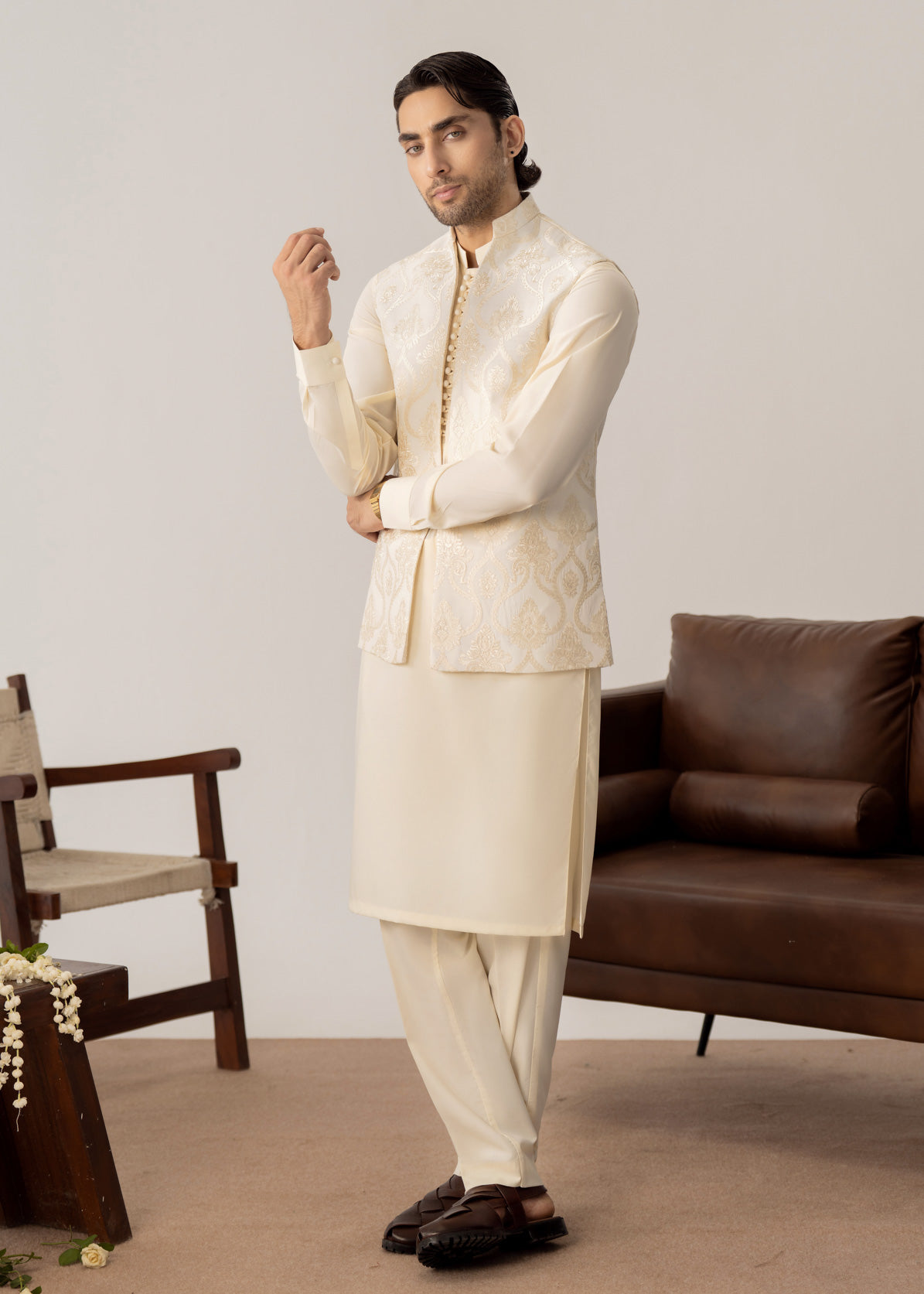 Bosky White Kurta Trouser with Open Embroidered Waistcoat  - 3PC - Men