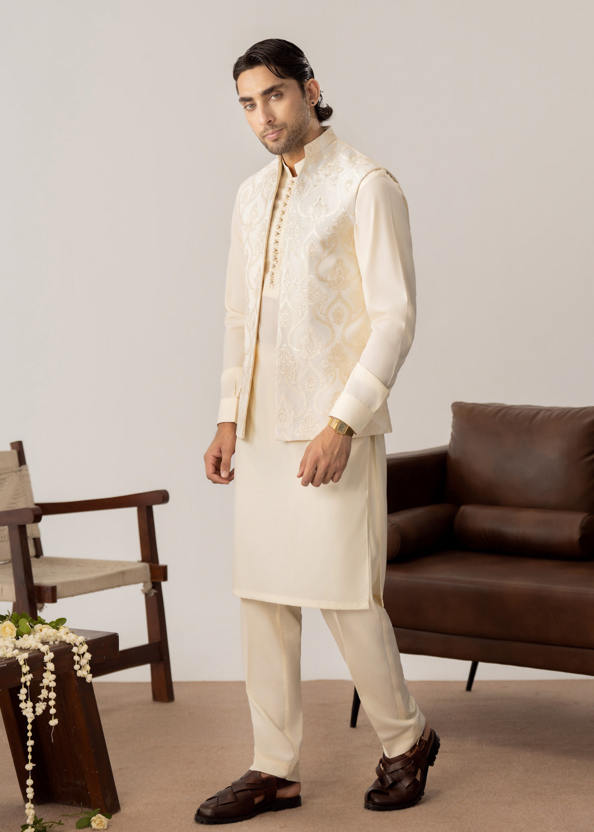 Bosky White Kurta Trouser with Open Embroidered Waistcoat  - 3PC - Men