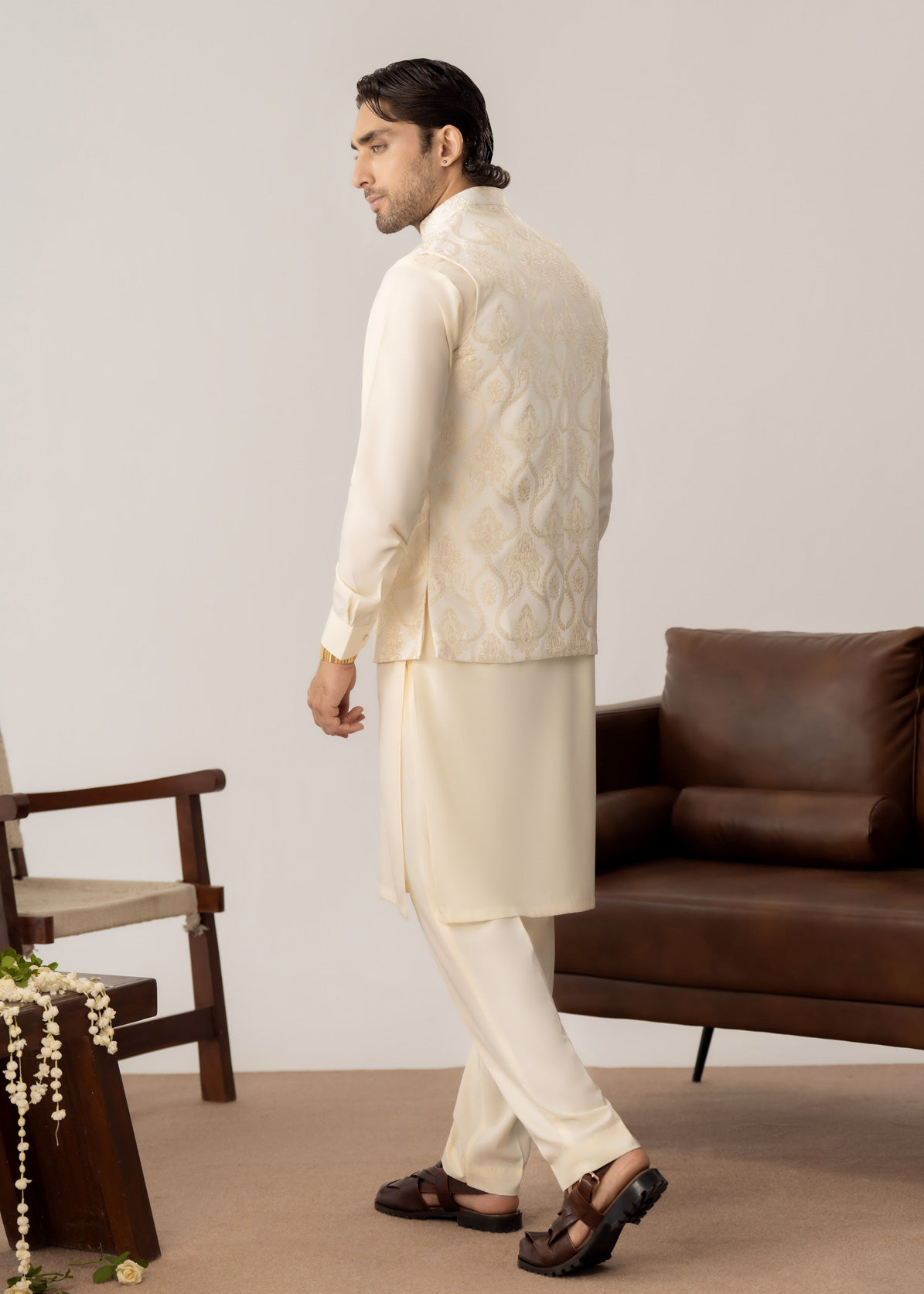 Bosky White Kurta Trouser with Open Embroidered Waistcoat  - 3PC - Men