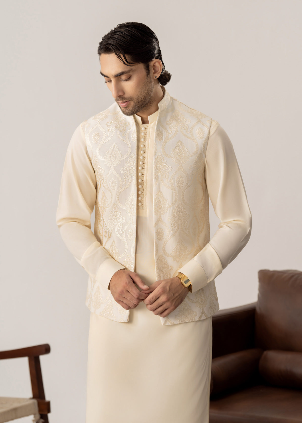 Bosky White Kurta Trouser with Open Embroidered Waistcoat  - 3PC - Men