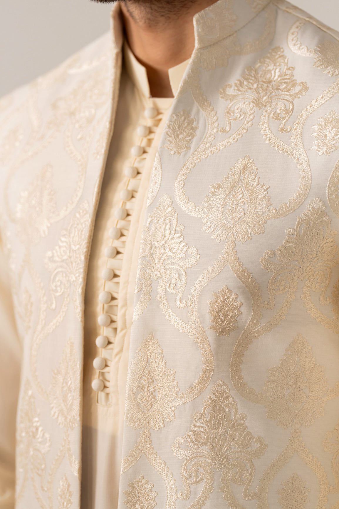 Bosky White Kurta Trouser with Open Embroidered Waistcoat  - 3PC - Men