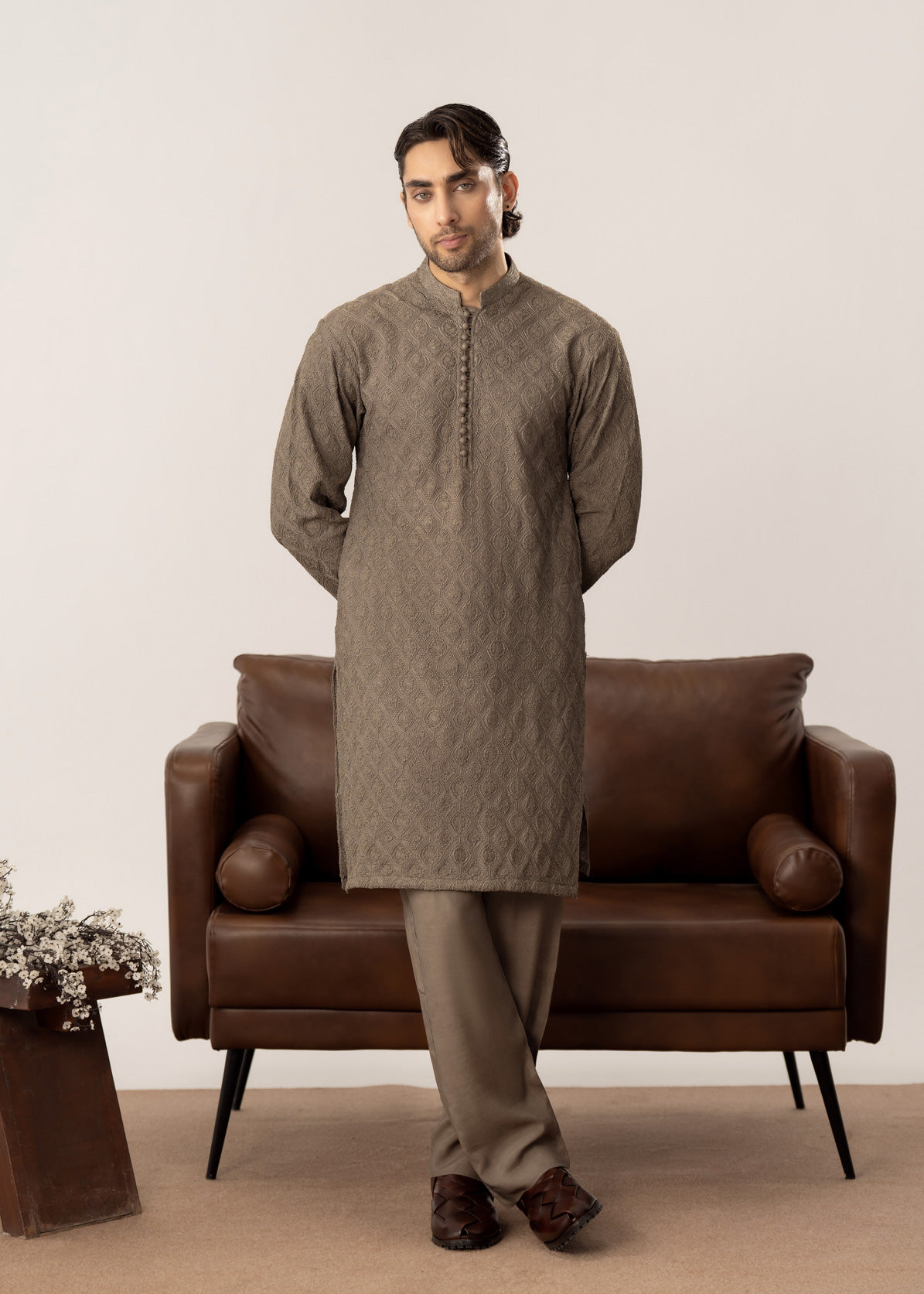 Maahir - Taupe Embroidered Kurta Trouser - Men