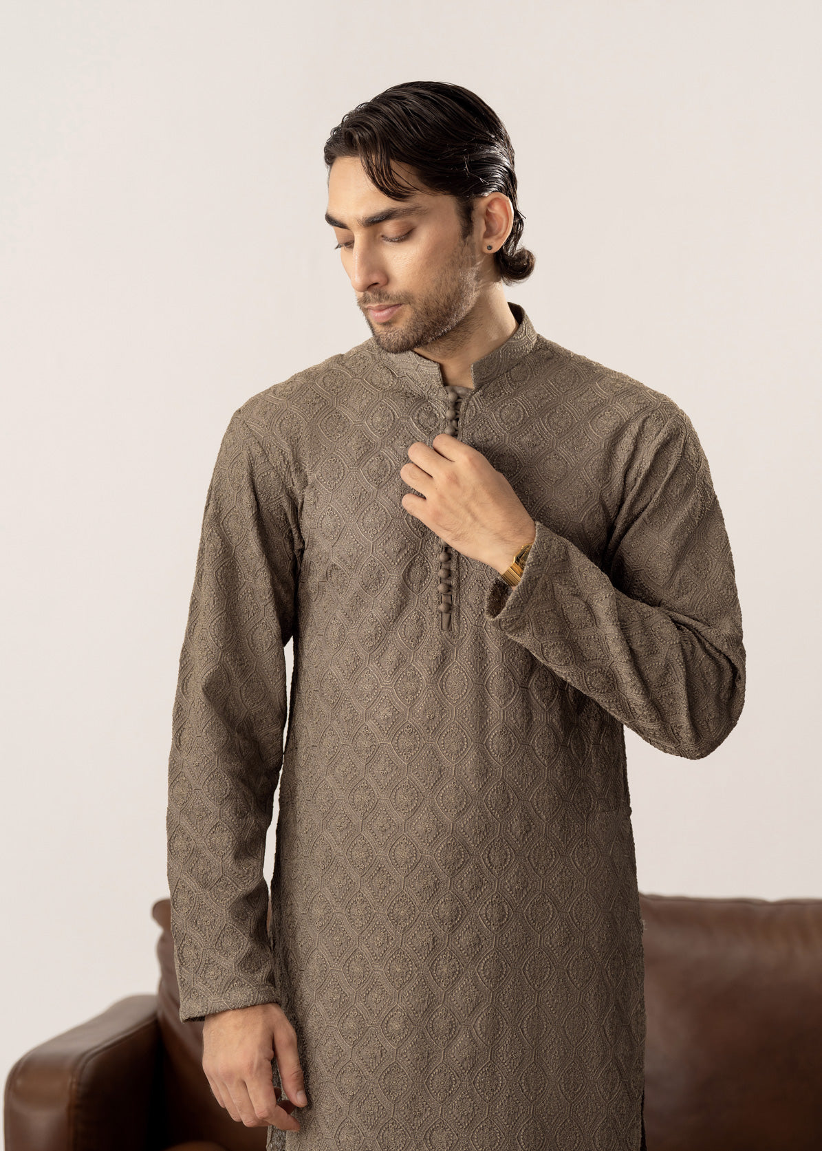 Maahir - Taupe Embroidered Kurta Trouser - Men