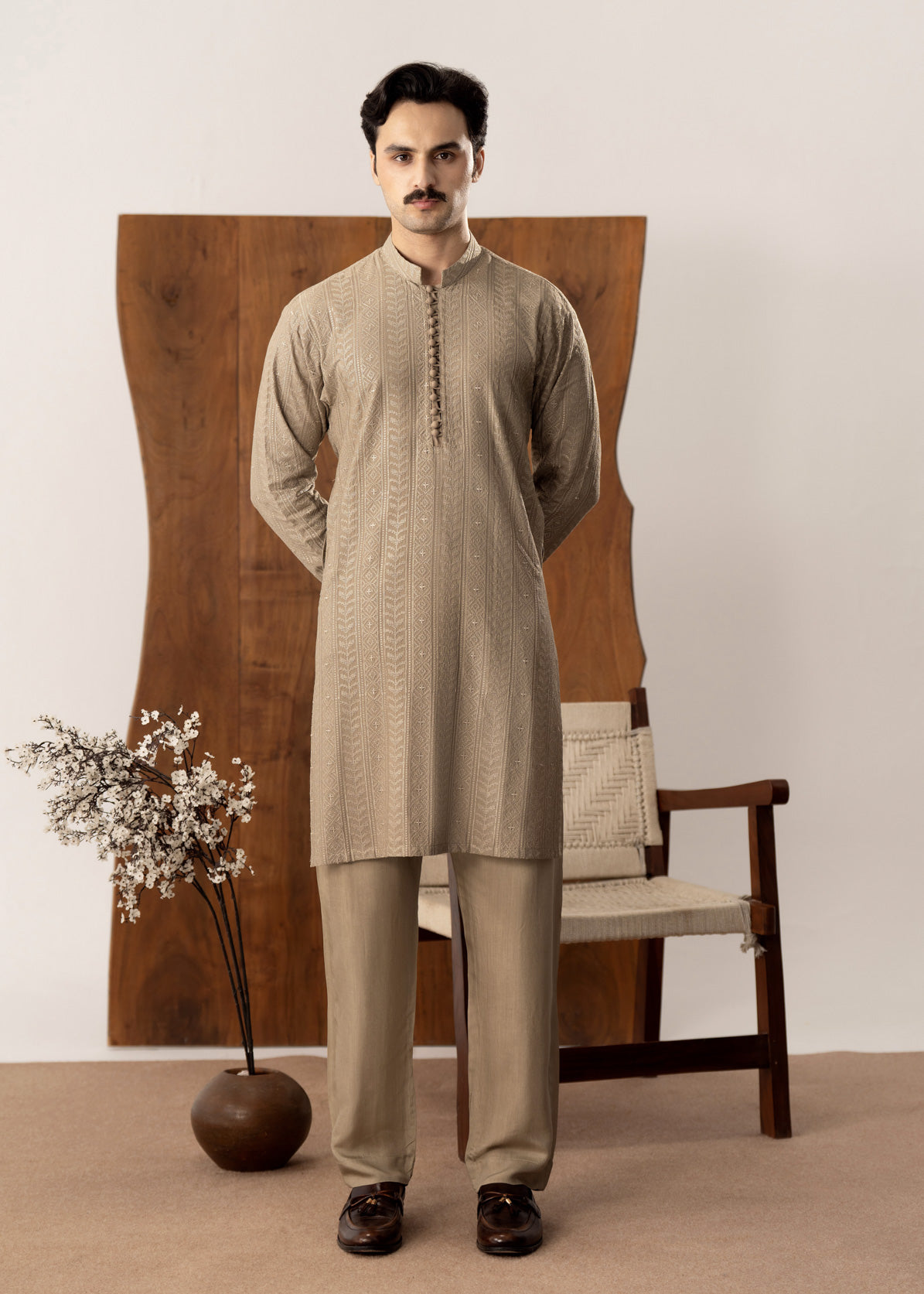 Shauq - Beige Embroidered Kurta Trouser - Men