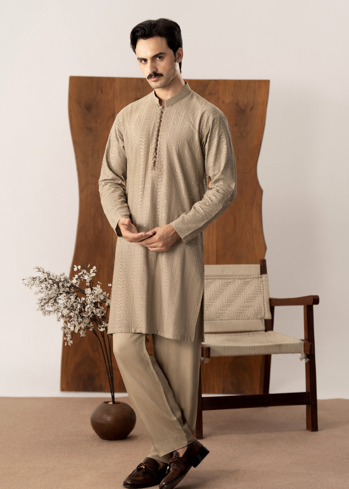 Shauq - Beige Embroidered Kurta Trouser - Men