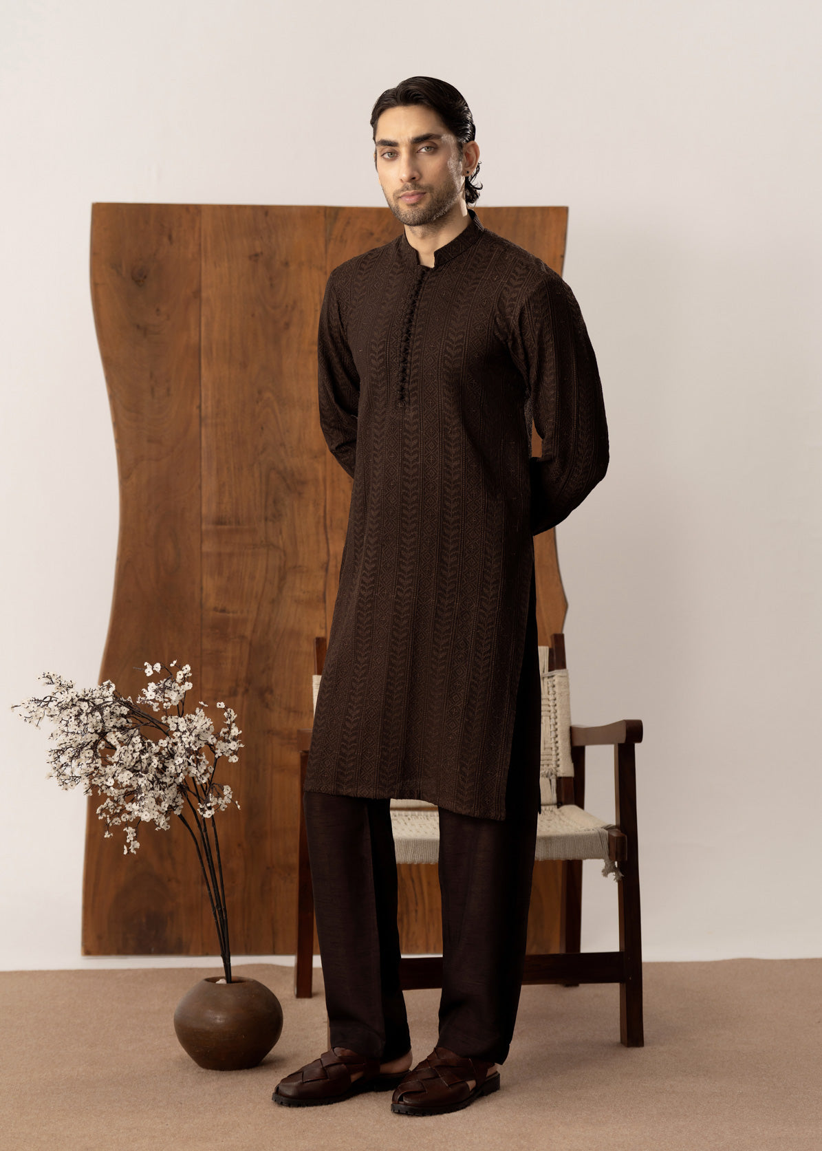 Riwaaj - Brown Embroidered Kurta Trouser