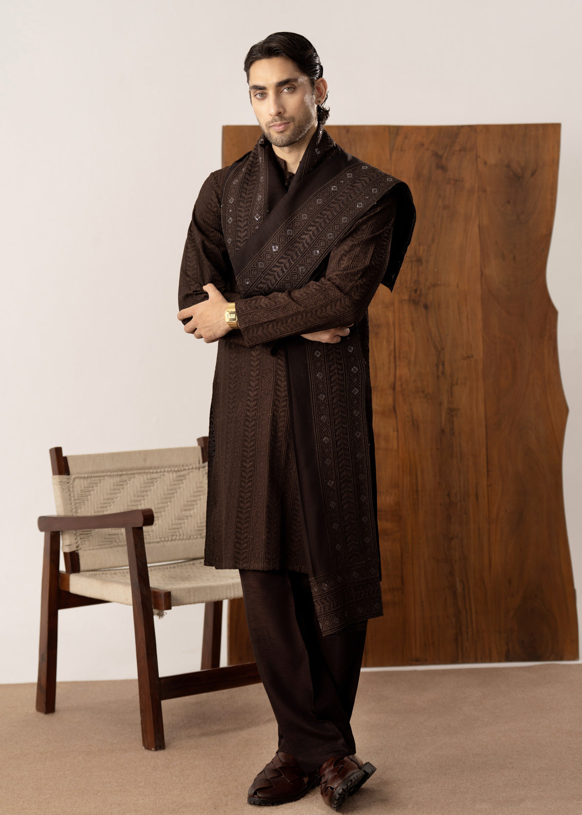 Riwaaj - Brown Embroidered Kurta Trouser