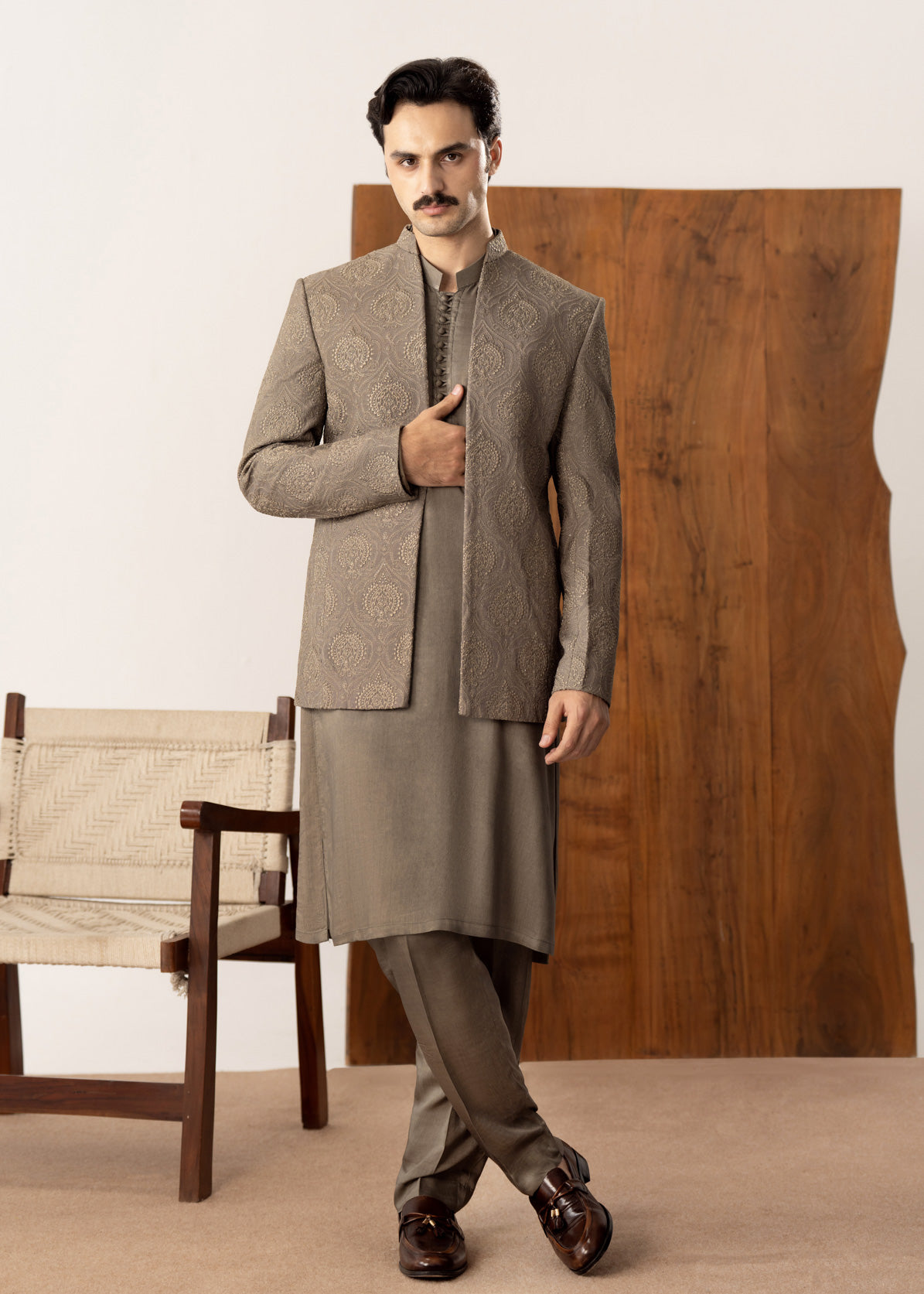 Taupe Kurta Trouser with Embroidered Open Prince Coat - 3PC - Men