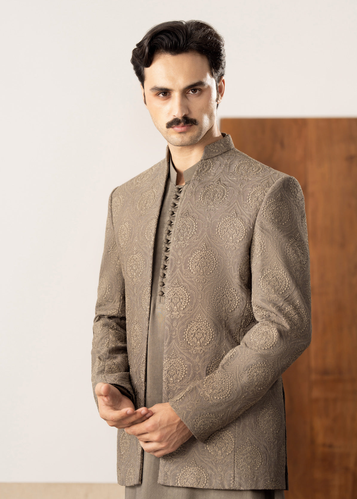 Taupe Kurta Trouser with Embroidered Open Prince Coat - 3PC