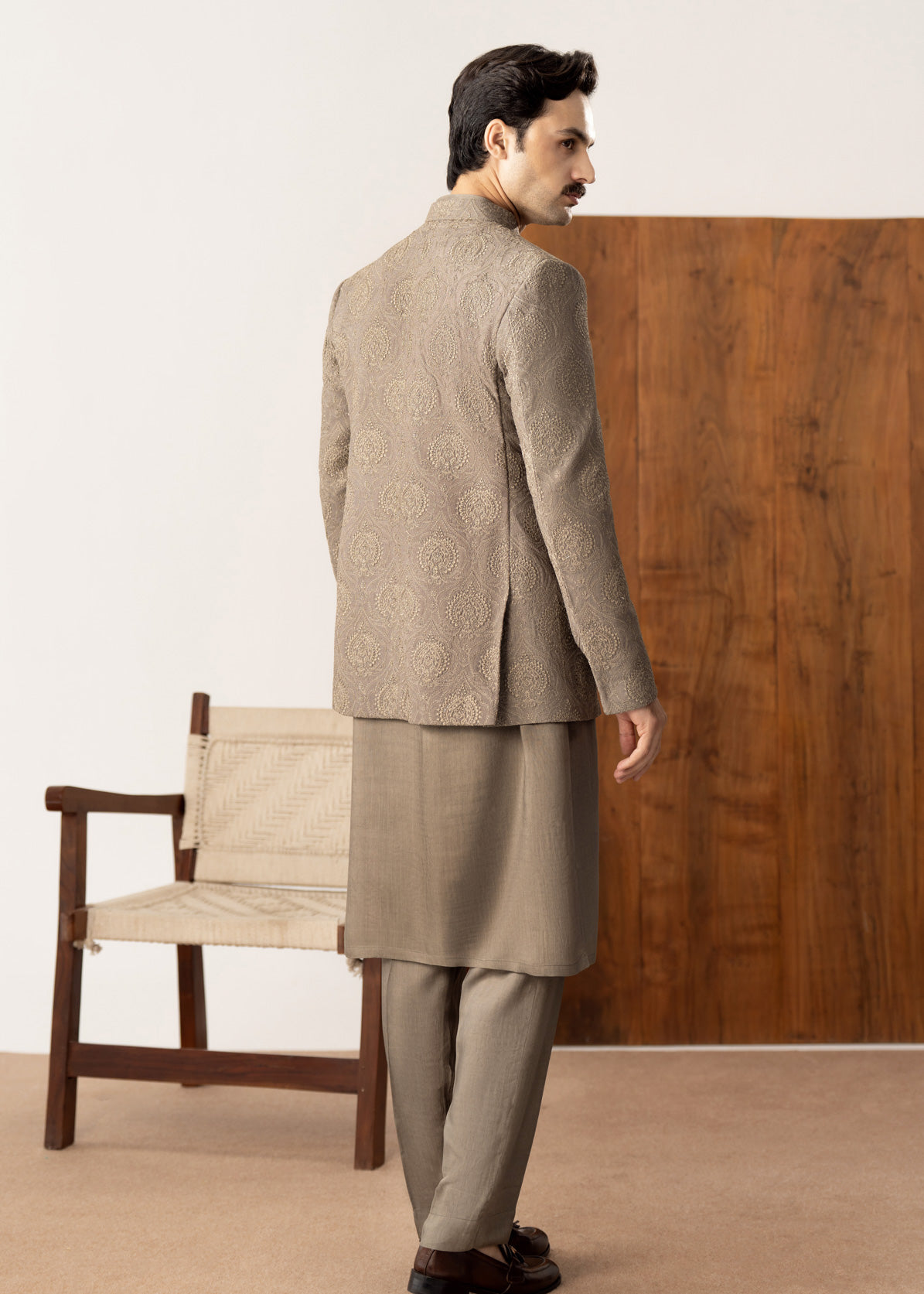 Taupe Kurta Trouser with Embroidered Open Prince Coat - 3PC - Men