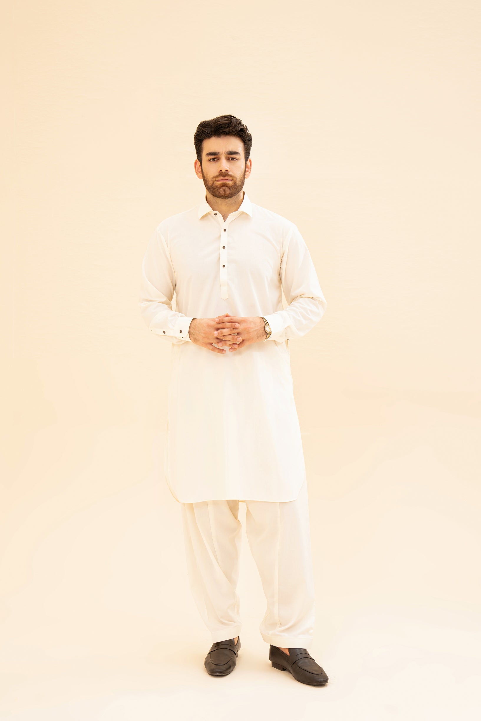 Pack of 2 French Collar Kameez Shalwar - Camel & Bosky White