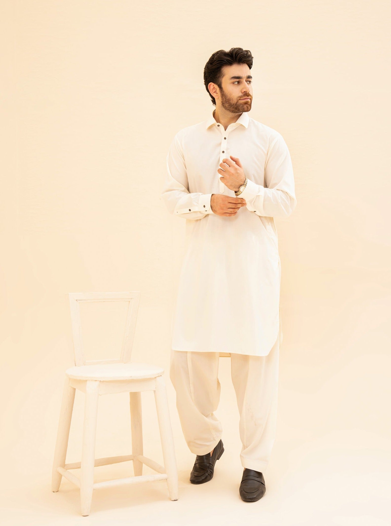 Bosky White French Collar Kameez Shalwar - Men