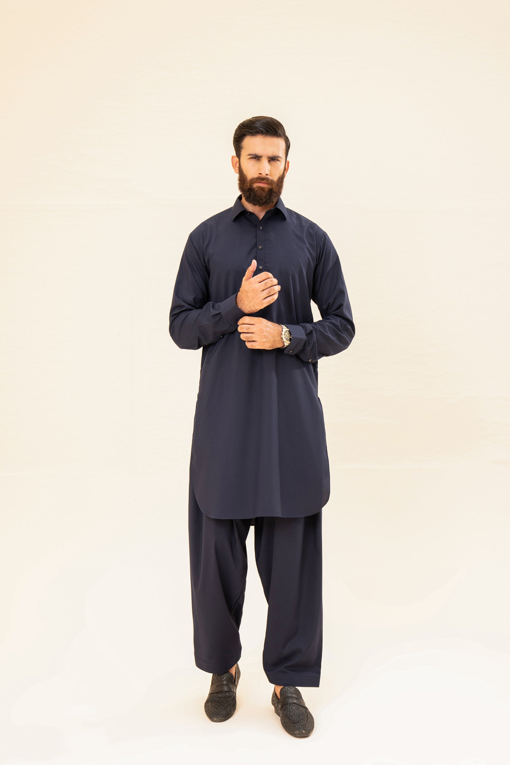 Pack of 2 French Collar Kameez Shalwar - Olive Green & Navy Blue