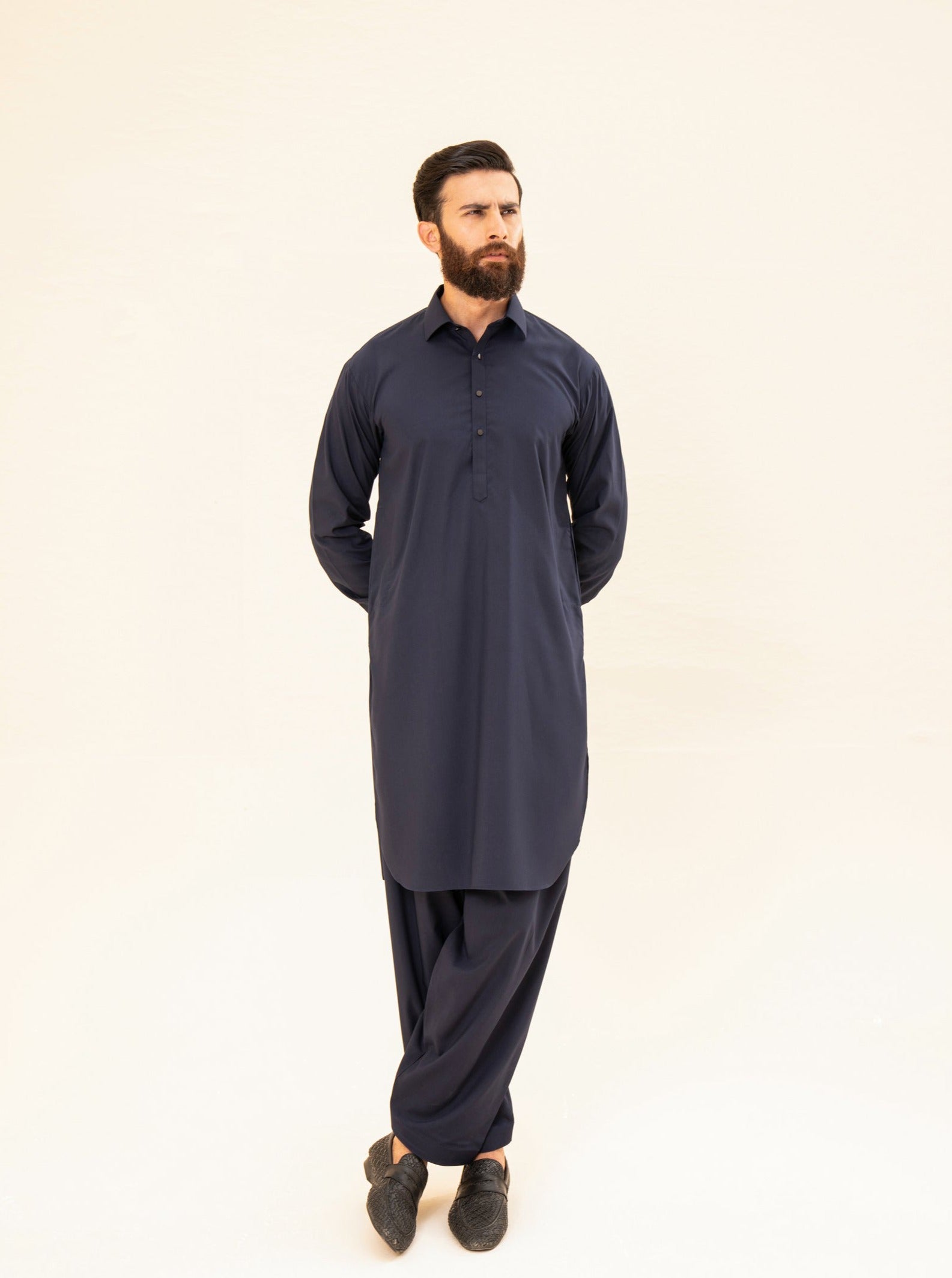 Navy Blue French Collar Kameez Shalwar - Men